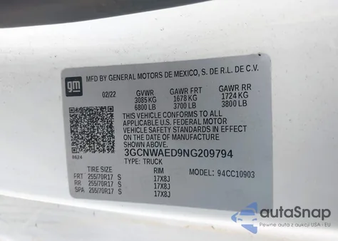 2022 Chevrolet Silverado 1500 Ltd 2Wd Long Bed Wt z USA, uszkodzony, nr VIN 3GCNWAED9NG209794